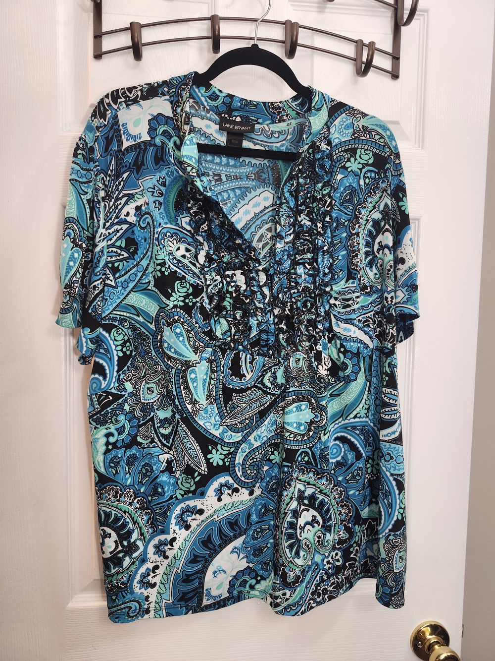 Lane Bryant Blue & Teal Paisley Ruffle Front Blouse,  Size 18/20 (≈ Torrid 2X)